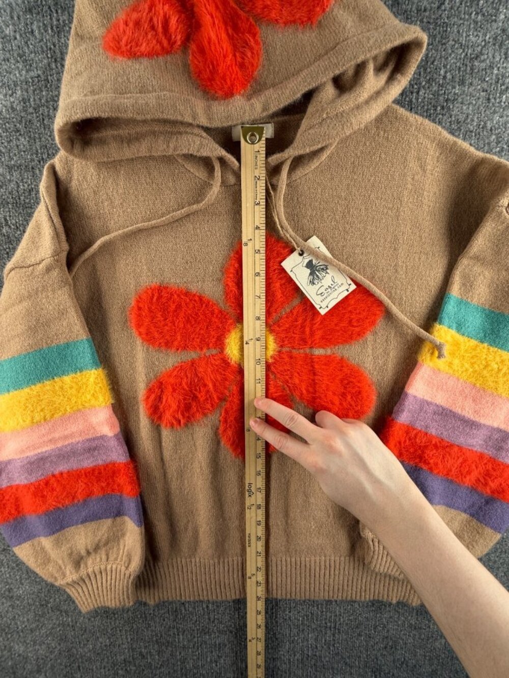 NWT Easel Sweater Beige Colorful Floral Soft Acrylic Blend Large Knit Hooded - Picture 5 of 15